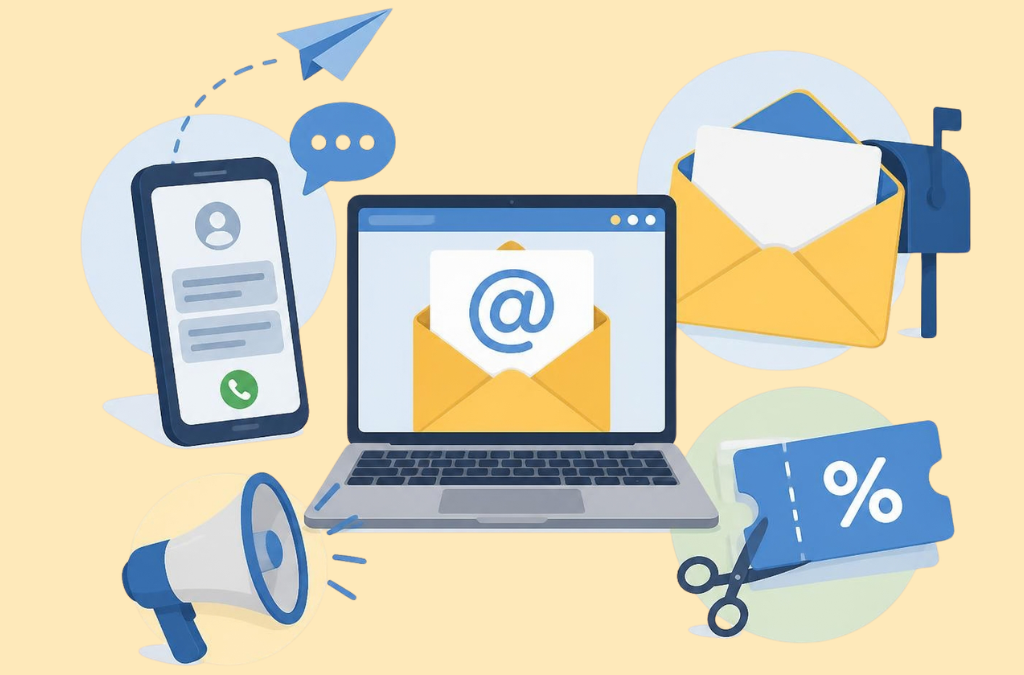  Ilustrace kanálů direct marketingu - e-mail, telefon, direct mail a slevový kupon